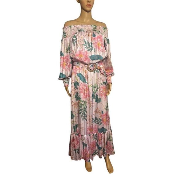 Boston Proper Floral Off Shoulder Belted Maxi Dress Pink Multicolor M - Picture 4 of 9